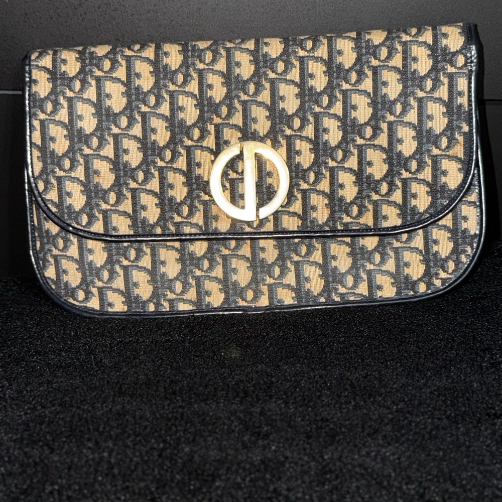 Vintage Dior Monogram Canvas Clutch in Beige and Blue with Gold CD Logo